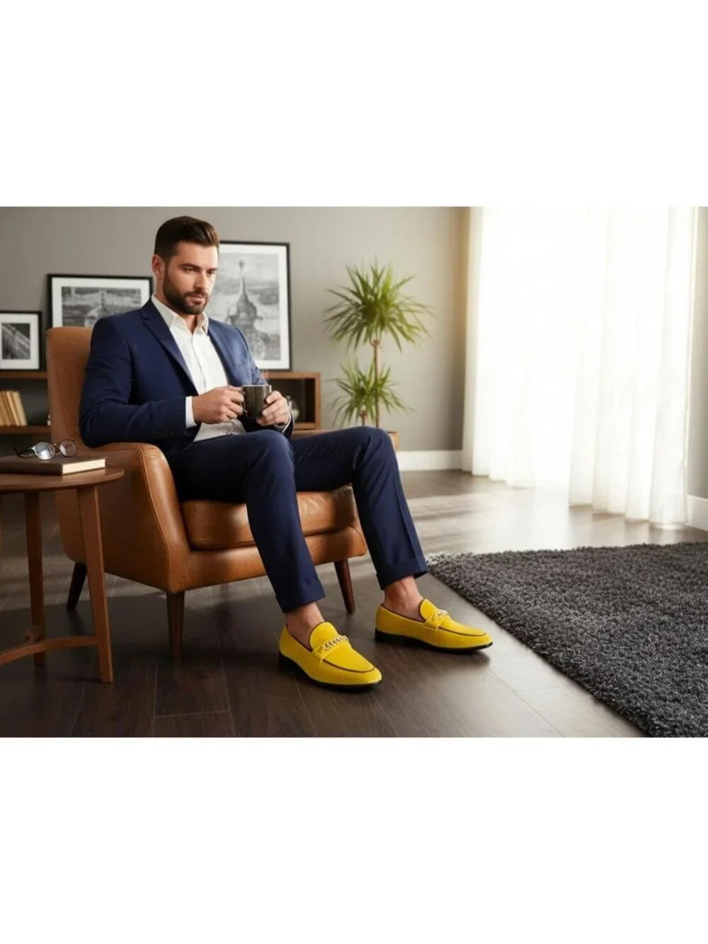 Metrocharm Men's Yellow Vintage Velvet Loafers Gold Chain Buckle Slip On Shoes